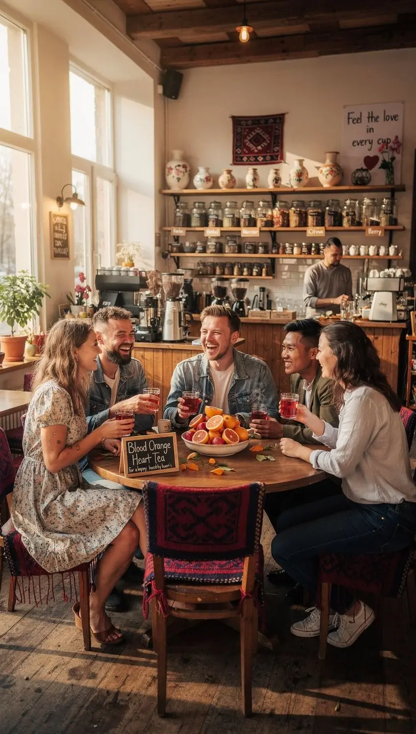 Kraujinių apelsinų širdies arbatos puodelis su raudonaisiais antioksidantais.