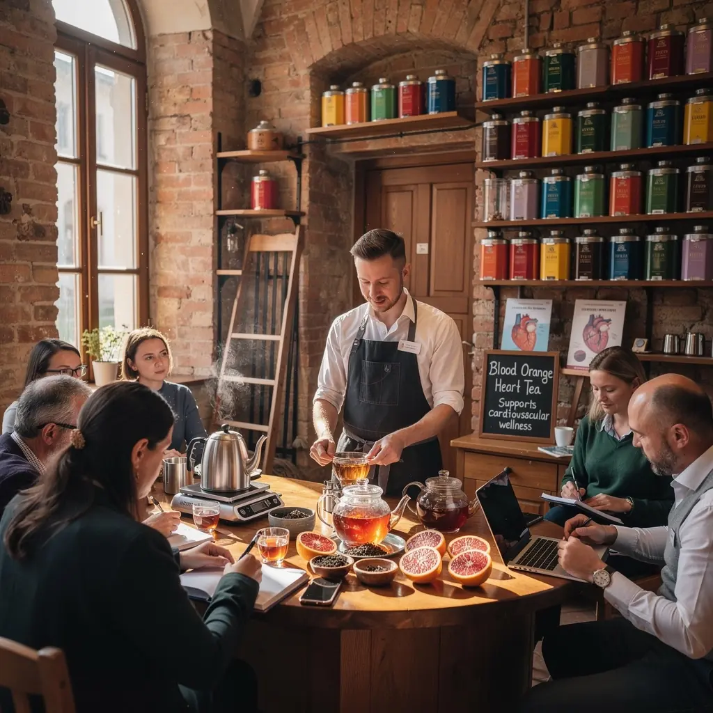 Šviežias kraujinis apelsinas, supjaustytas riekelėmis, šalia arbatos puodelio.