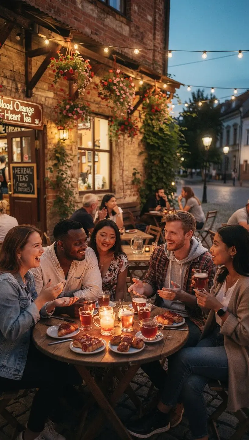 Kruvinojo apelsino širdies arbatos puodelis, apipintas raudonaisiais antioksidantais.